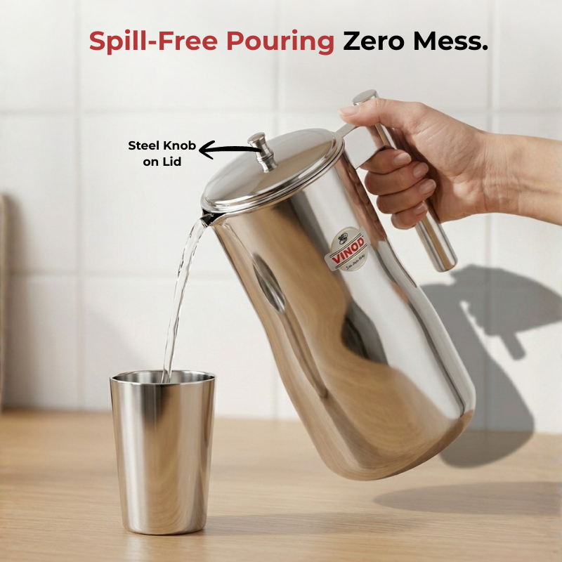 VINOD Stainless Steel Magnum Water Pitcher / Jug with Cover - 1700 ml, Mirror Finish, Sturdy Tough Build, Dishwasher Safe, Leak Free