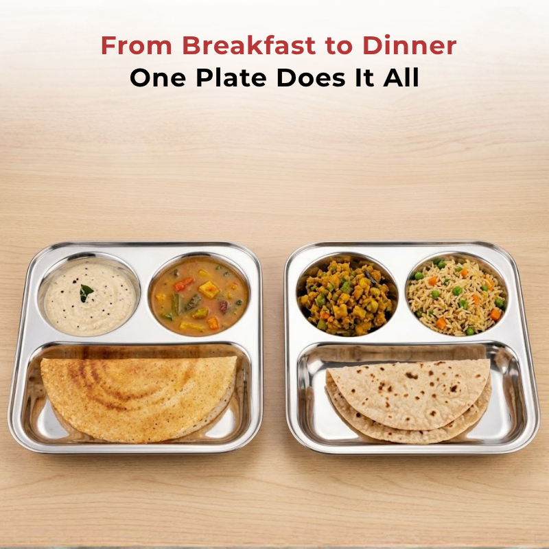 VINOD Stainless Steel 3 In 1 Compartment Plate with Round Edges, Pav Bhaji Plate, Idli Sambhar Plate, Lunch / Dinner Plate [Pack of 2]