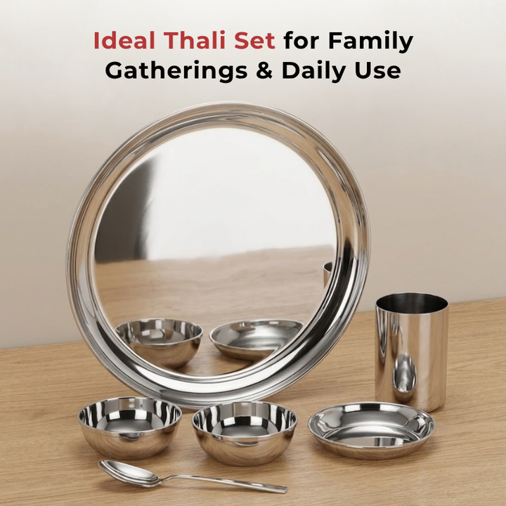 VINOD Stainless Steel Rajbhog Thali 6 Piece Set - 1 Pc Plate, 2 Pcs Bowl, 1 Pc Halwa Plate, 1 Pc Glass & 1 Pc Spoon, High Grade Stainless Steel, Rust Free