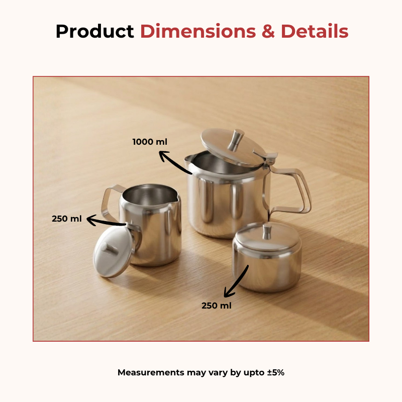Vinod stainless steel 3 piece large tea set, 1000 ml tea pot with 250 ml milk and sugar pots, product view 9