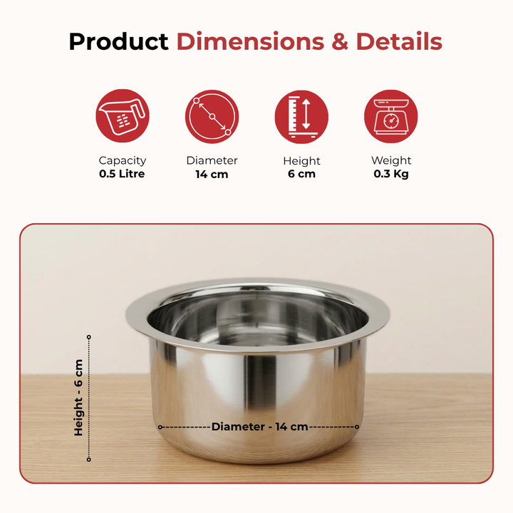 Vinod Stainless Steel Induction Friendly Flat Bottom Cooking Tope With 1.5mm Thickness | 18 Gauge Durable Steel  4 Pcs | Capacity 350ml, 500ml and 750ml  | No 7 to 10