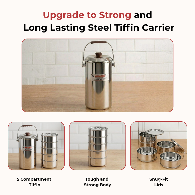 Vinod stainless steel deluxe hot tiffin with 5 compartments, feature panel