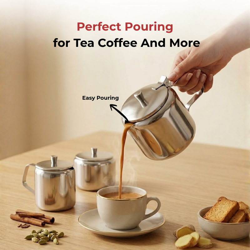 Vinod stainless steel 3 piece medium tea set, 750 ml tea pot with 250 ml milk and sugar pots, product view 9