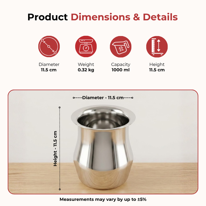 VINOD Stainless Steel Shagun Kalash 1000 ml Capacity with Highest Grade Steel, Tough Strong Build, Rust Free and Easy to Clean (No 10)