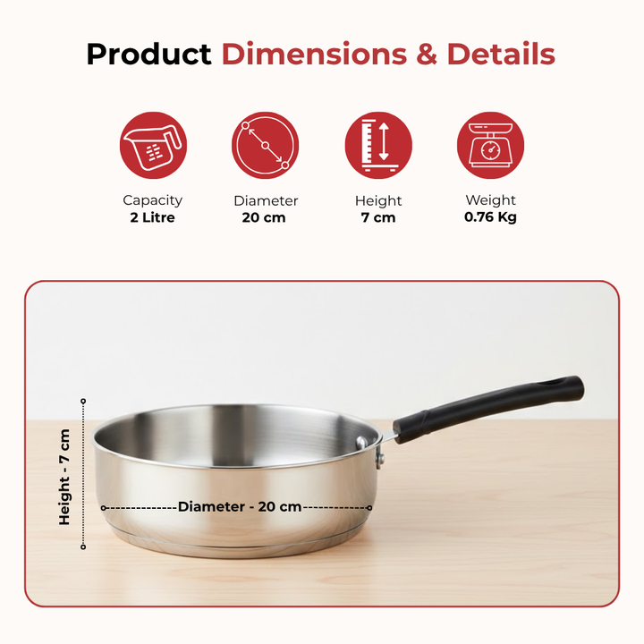 VINOD – DONIV Stainless Steel Sandwich Bottom Solitaire Fry Pan, 20 cms – Induction Friendly. Capacity 2 Liter