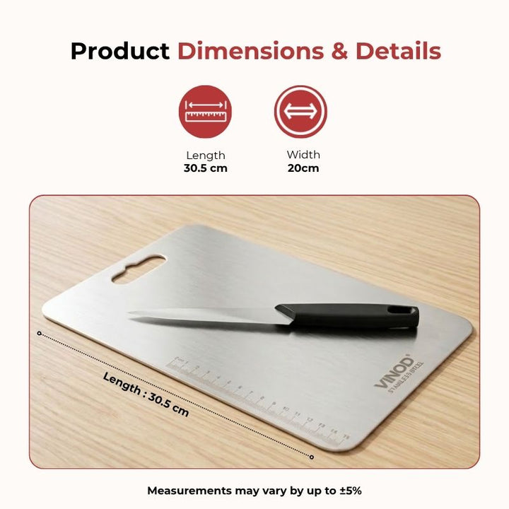 VINOD Stainless Steel Chopping Board in 30.5 X 20 cm Size with Knife-Friendly Surface, Rust Free Build and Hygienic Easy-Clean Finish
