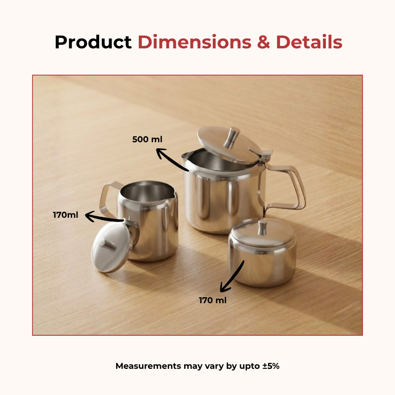 Vinod stainless steel 3 piece small tea set, 500 ml tea pot with 170 ml milk and sugar pots, product view 8