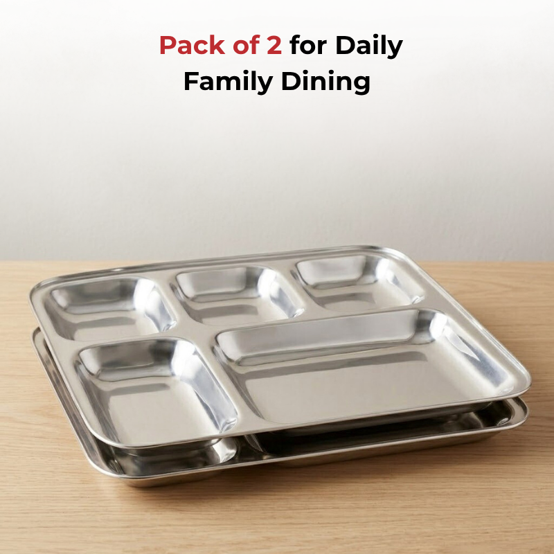 VINOD Stainless Steel 5 Compartment Plate with Square Edges, Lunch & Dinner Plate, Bhojan Thali, High Quality Steel, Rust Free [Pack of 2]