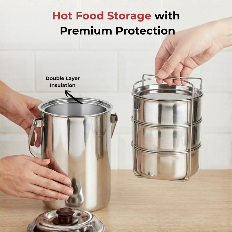 Vinod Stainless Steel Deluxe Hot Tiffin with 3 Compartment, product view 9