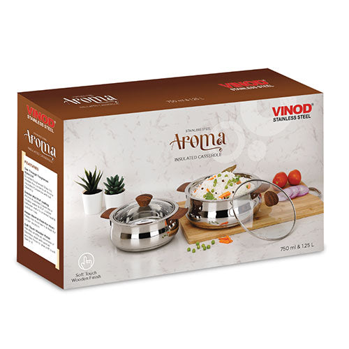 VINOD Stainless Steel Aroma Insulated Casserole with Glass Lid & Wooden Knob – Set of 2 Pcs – Capacity 750 ml &#038; 1250 ml
