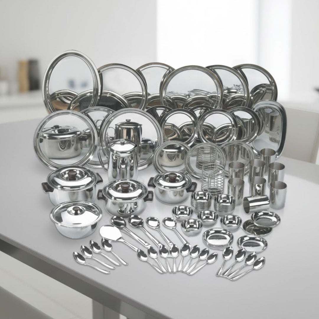 विनोद स्टेनलेस स्टील 85 पीस डीलक्स डिनर सेट आठ लोगों के लिए