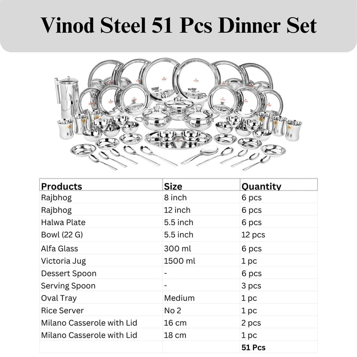 विनोद स्टेनलेस स्टील 51 पीस डिनर सेट, छह लोगों के लिए