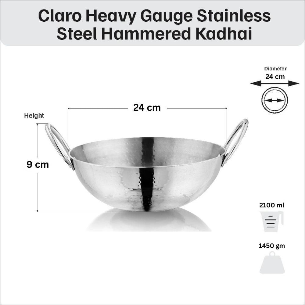 Vinod Claro heavy gauge hammered stainless steel kadai 2.4 litre 24 cm with 900 ml saucepan, set of 2, product view 7