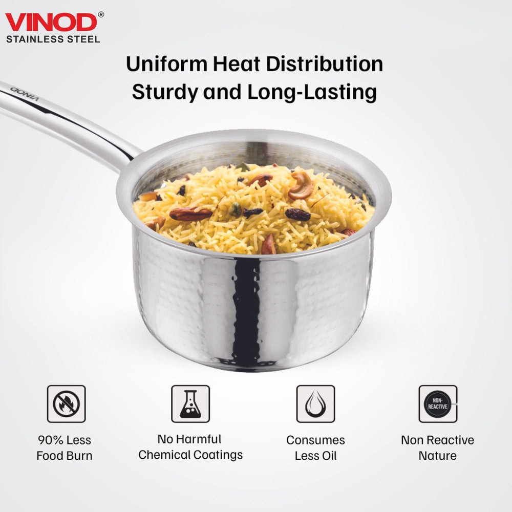Vinod Claro heavy gauge hammered stainless steel kadai 2.4 litre 24 cm with 900 ml saucepan, set of 2, top view