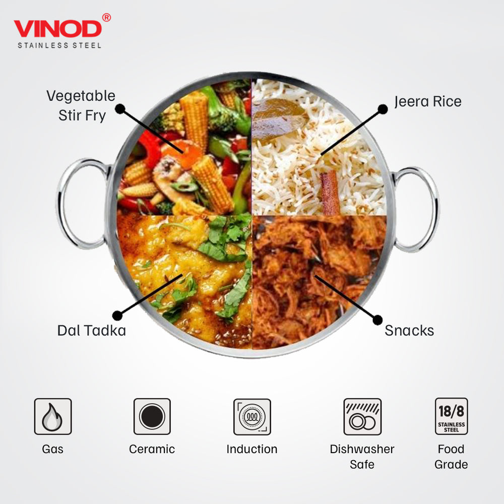 Vinod Claro heavy gauge hammered stainless steel kadai 2.4 litre 24 cm with 900 ml saucepan, set of 2, close-up detail