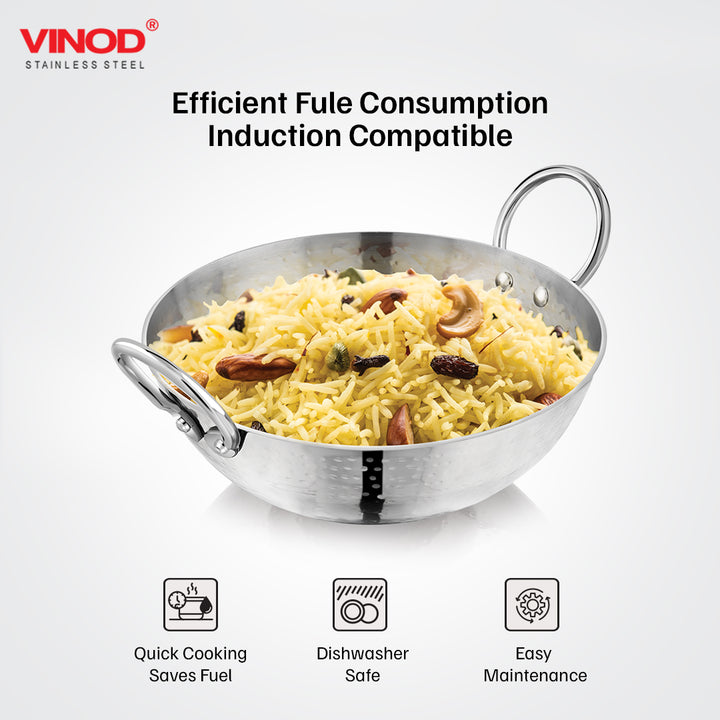 विनोद - क्लारो हेवी गेज स्टेनलेस स्टील हैमर्ड कढ़ाई 2.4 लीटर (24 सेमी) और सॉस पैन 900 मिली (14 सेमी) 1.5 मिमी मोटाई के साथ, 2 का सेट