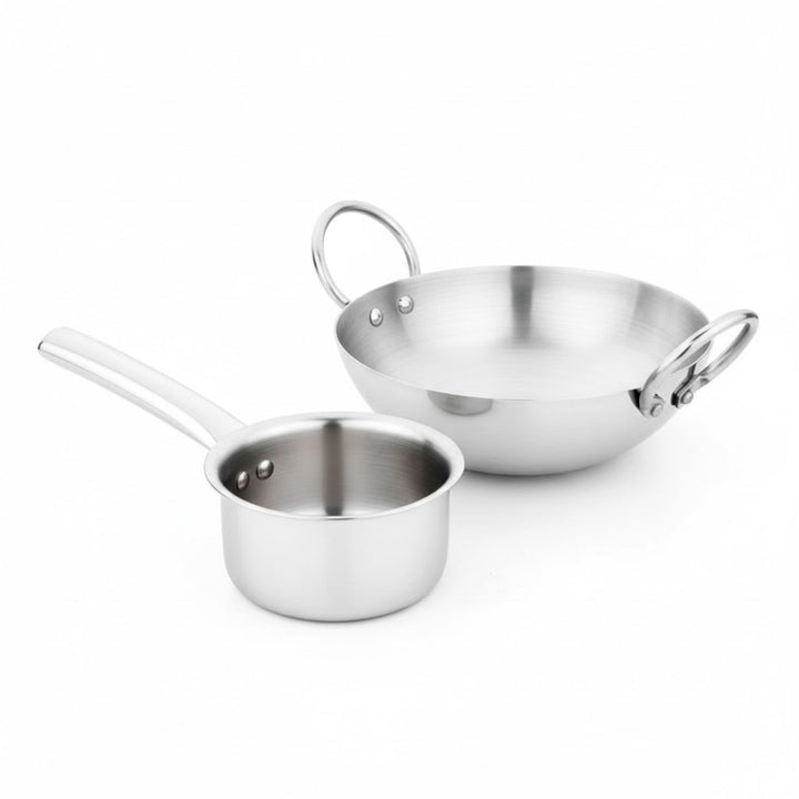 Vinod - Claro Heavy Gauge Stainless Steel Kadai 2.4 Liter (24 cm) and Sauce pan 900ml (14cm) with 1.5 mm Thickness, Set of 2