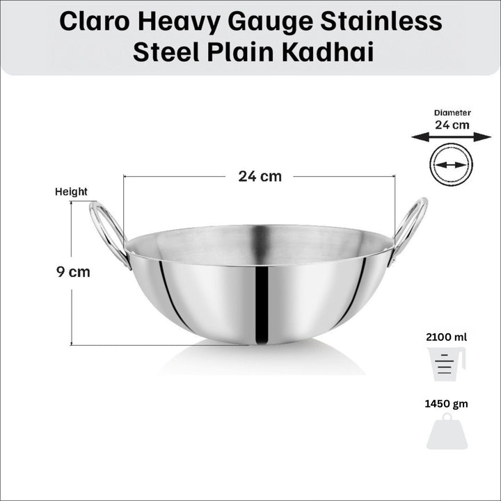 Vinod - Claro Heavy Gauge Stainless Steel Kadai 2.4 Liter (24 cm) and Sauce pan 900ml (14cm) with 1.5 mm Thickness, Set of 2