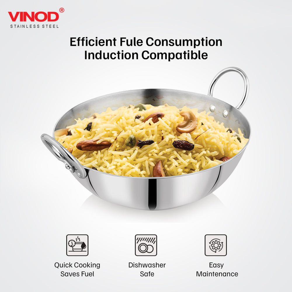 Vinod Claro heavy gauge plain stainless steel kadai 2.4 litre 24 cm with 900 ml saucepan, set of 2, angled view