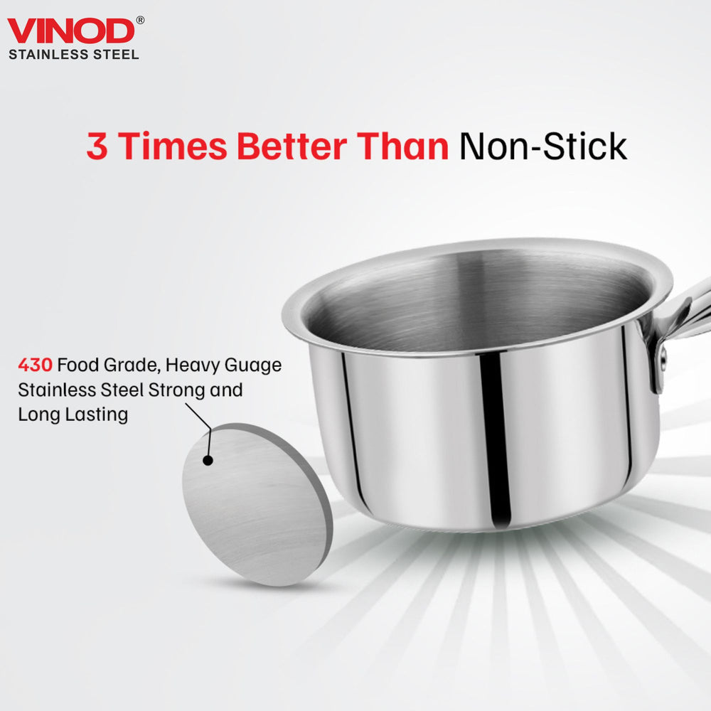 Vinod Claro heavy gauge plain stainless steel kadai 2.4 litre 24 cm with 900 ml saucepan, set of 2, in-use view