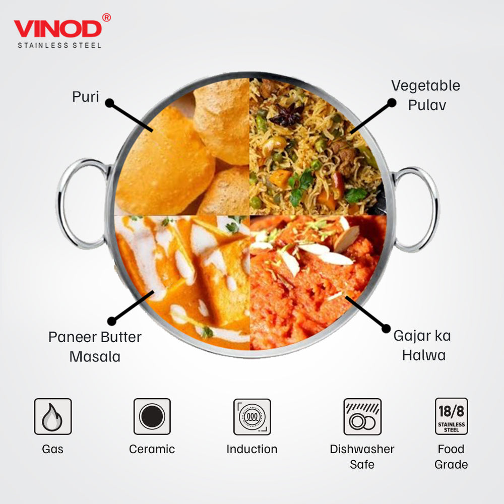 Vinod Claro heavy gauge plain stainless steel kadai 2.4 litre 24 cm with 900 ml saucepan, set of 2, close-up detail