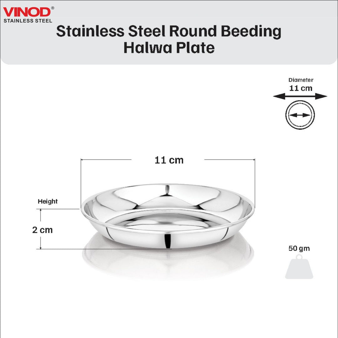 विनोद स्टेनलेस स्टील गोल बीडिंग हलवा प्लेट 6 पीस का सेट, व्यास 11.2 सेमी