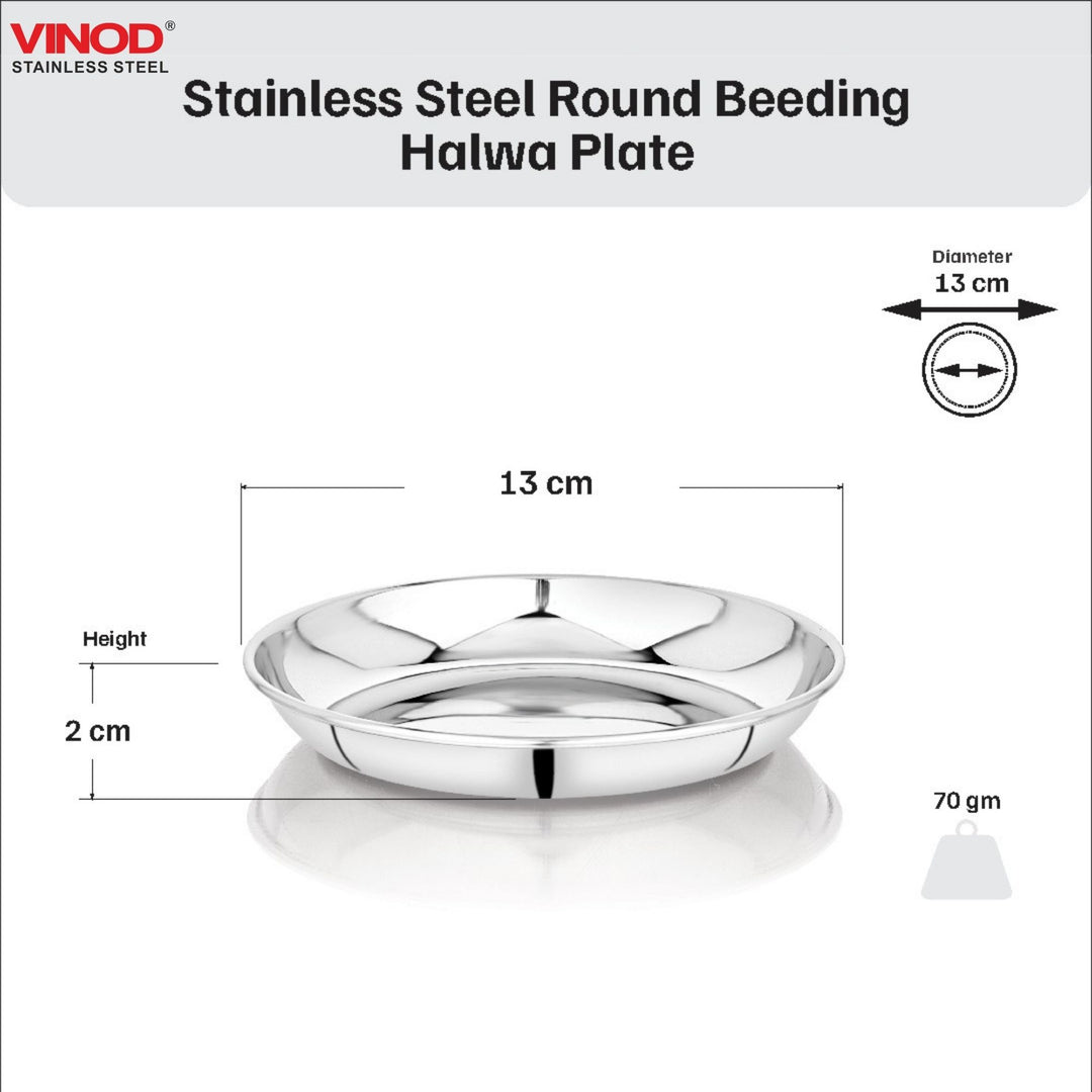 विनोद स्टेनलेस स्टील गोल बीडिंग हलवा प्लेट 12 पीस का सेट, व्यास 13.2 सेमी