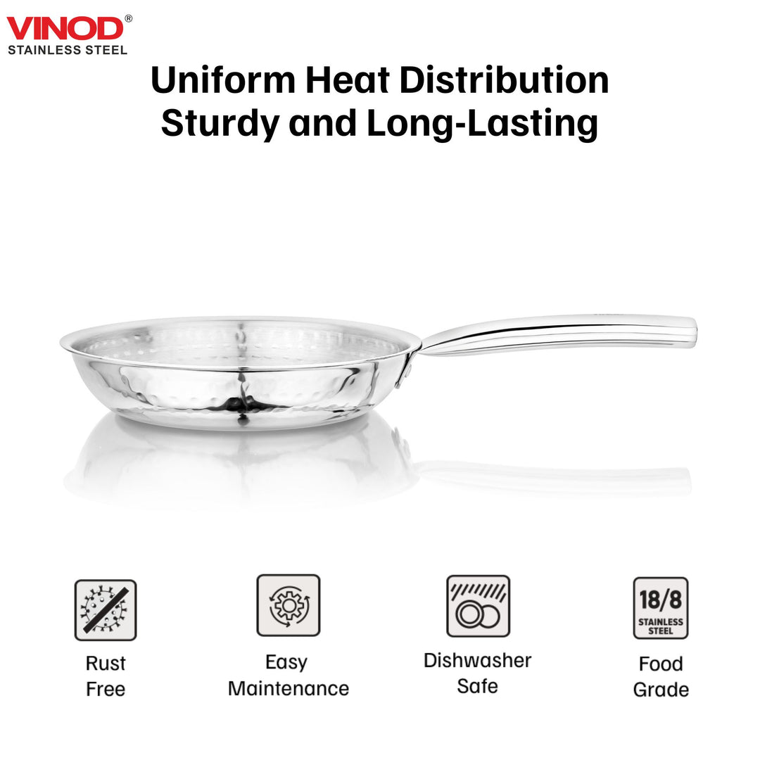 विनोद - क्लारो हेवी गेज स्टेनलेस स्टील हैमर्ड फ्राई पैन 1.5 मिमी मोटाई के साथ 1400 मिली