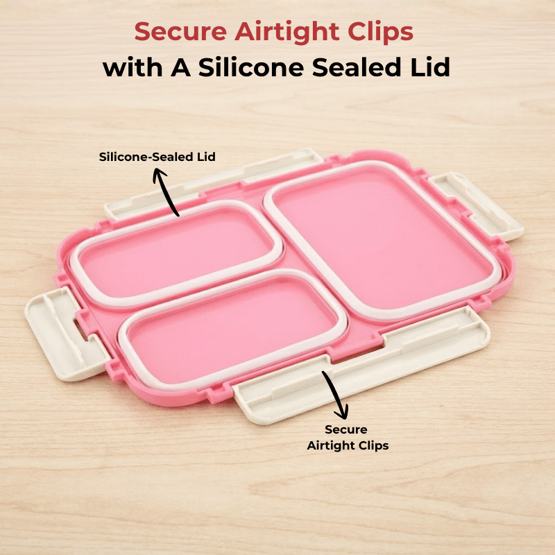Vinod stainless steel 3 compartment tiffin in pink, silicone-sealed airtight lid, product view 10