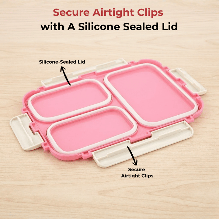 VINOD Stainless Steel Tiffin 3 Compartment Pink, Airtight Silicone-Sealed Lid, Insulated, Food-Grade Steel, Secure Side Clips