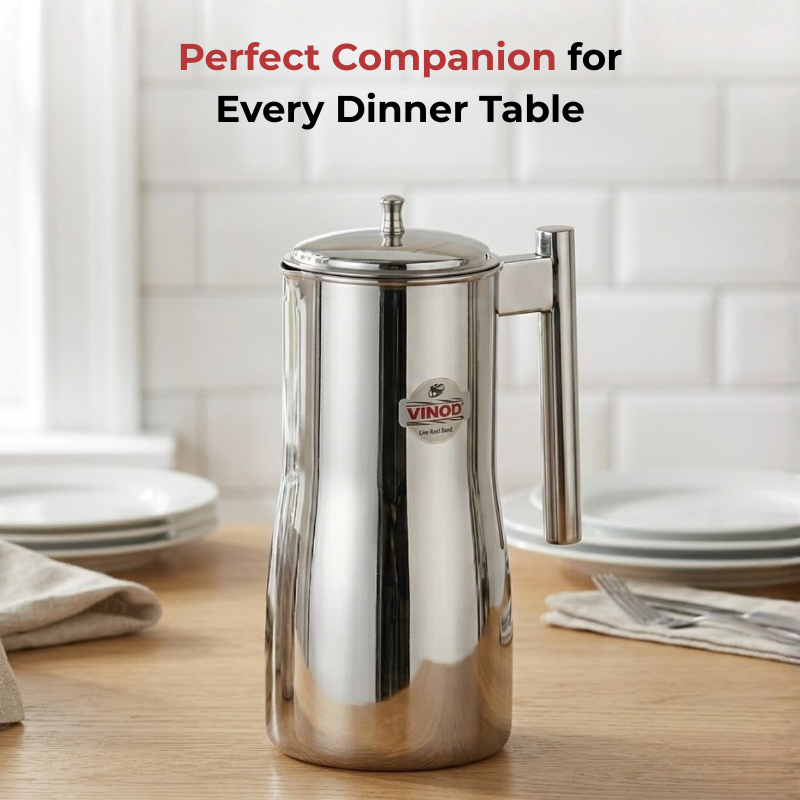 VINOD Stainless Steel Magnum Water Pitcher / Jug with Cover - 1700 ml, Mirror Finish, Sturdy Tough Build, Dishwasher Safe, Leak Free