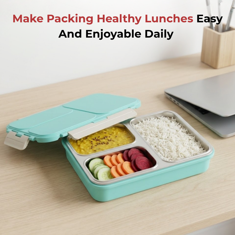 Vinod stainless steel 3 compartment tiffin in blue, silicone-sealed airtight lid, product view 11