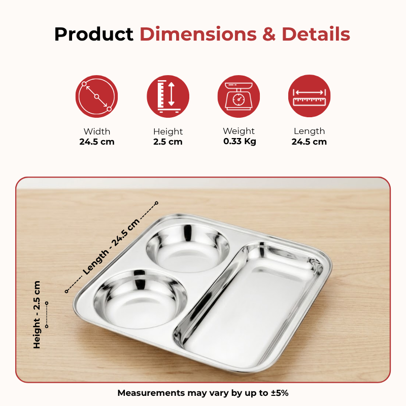 VINOD Stainless Steel 3 In 1 Compartment Plate with Round Edges, Pav Bhaji Plate, Idli Sambhar Plate, Lunch / Dinner Plate [Pack of 2]