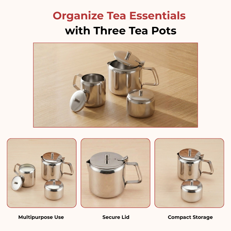 Vinod stainless steel 3 piece jumbo tea set, 1400 ml tea pot with 250 ml milk and sugar pots, product view 10