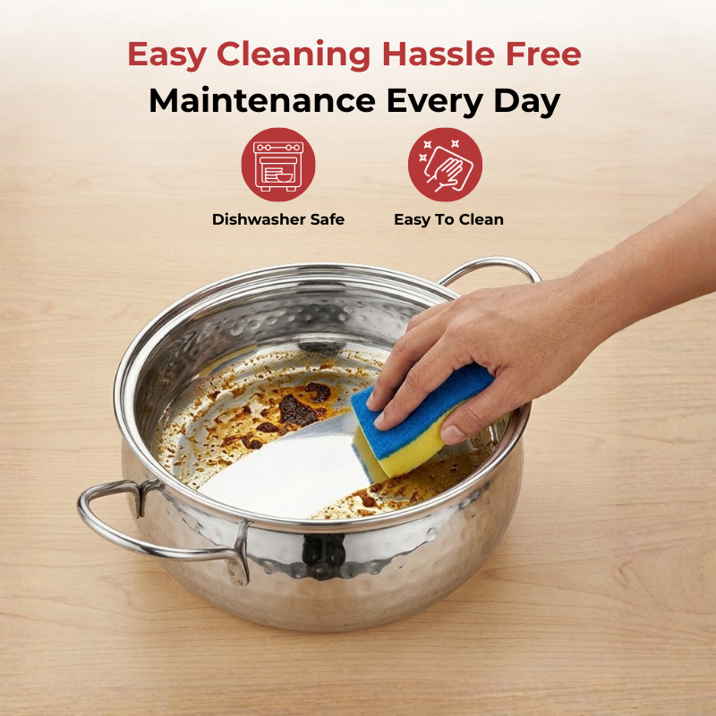 Vinod Stainless Steel Milano Hammered Serving Casserole With Steel Lid & Side Handle - Set of 2 Pcs - 1230 ml & 1630 ml - 16 cm & 18 cm