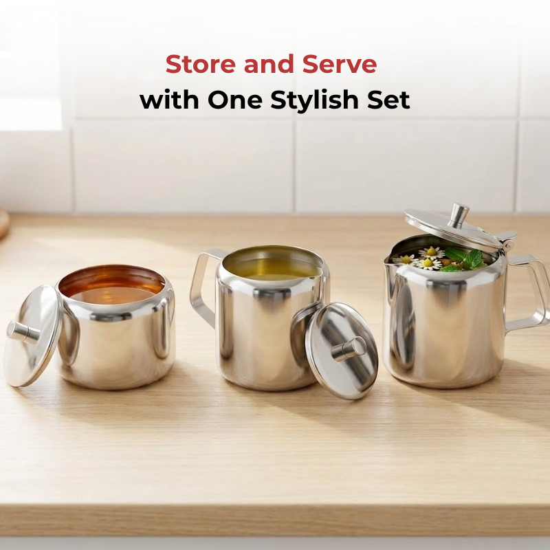 Vinod stainless steel 3 piece medium tea set, 750 ml tea pot with 250 ml milk and sugar pots, product view 10