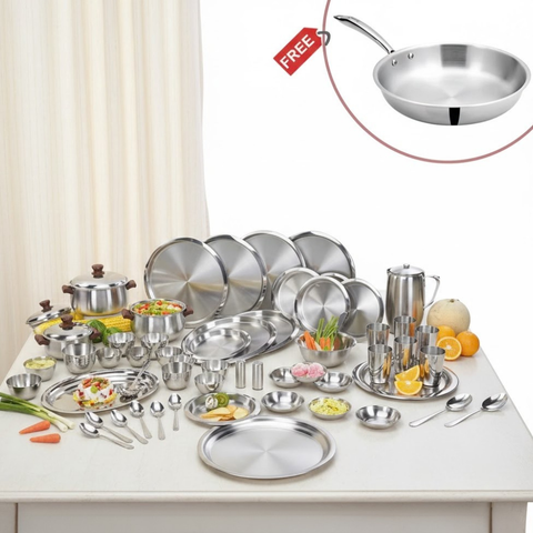 Vinod Doniv 61 piece two tone deluxe dinner set for six with free fry pan, front view