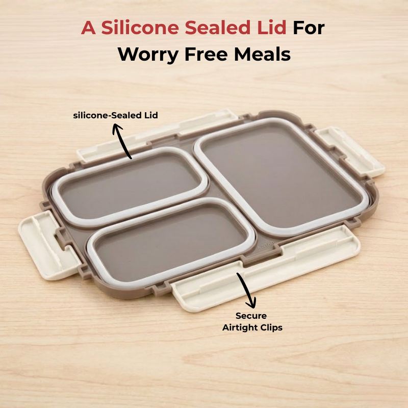 Vinod stainless steel 3 compartment tiffin in grey, silicone-sealed airtight lid, product view 10
