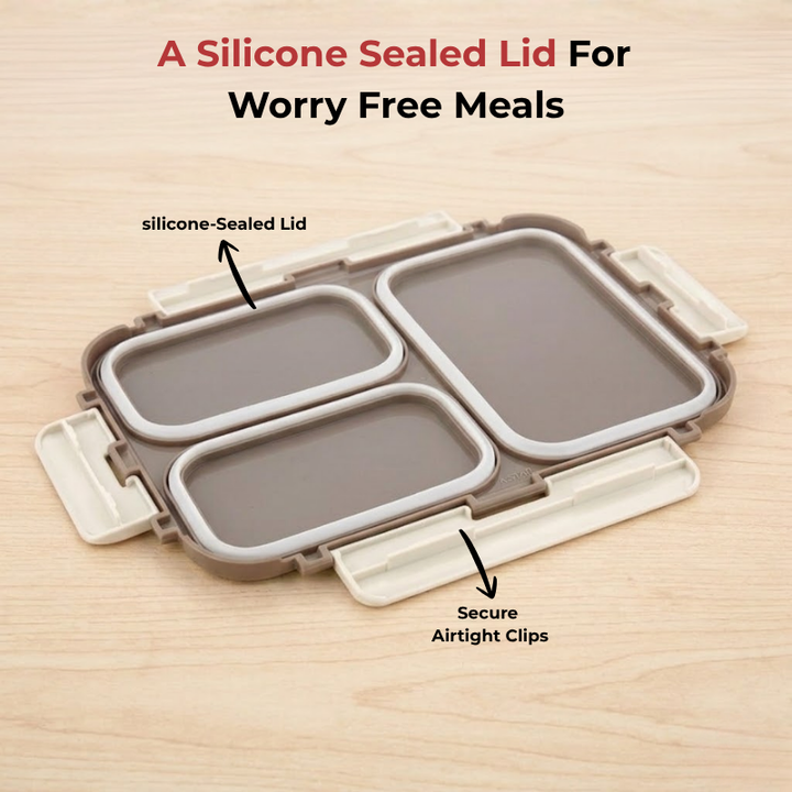 VINOD Stainless Steel 3 Compartment Gray, Airtight Silicone-Sealed Lid, Food-Grade Steel Tray, Insulated, Secure Clips & Lightweight