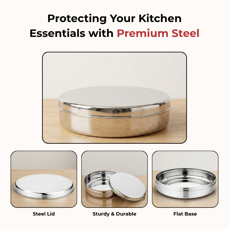 VINOD Stainless Steel Papad Dabba with Mirror Finish, Tough & Strong Build, Rust Free, Easy to Clean & Dishwasher Safe – 9.5 Inch (No.14)