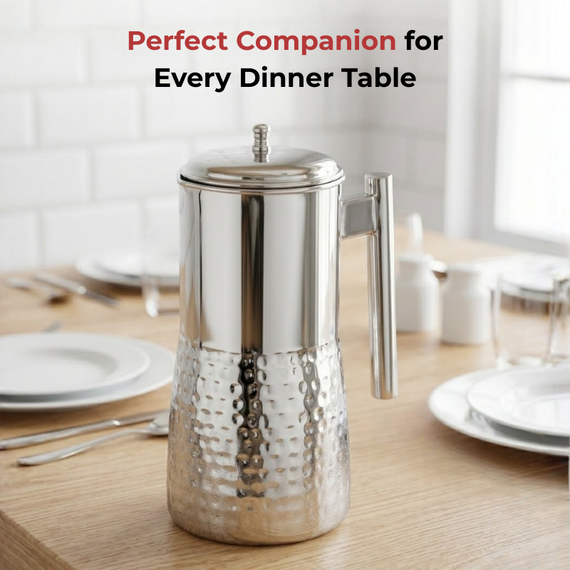 VINOD Stainless Steel Hammered Magnum Water Pitcher / Jug with Cover - 1700 ml, Premium Stainless Steel, Tough & Durable, Dishwasher safe