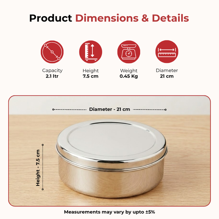 VINOD Stainless Steel Puri Dabba Set of 4 - Capacity: 1200 ml, 1500 ml, 2100 ml, 2500 ml, Heavy Gauge Steel, Airtight Lids & Mirror Finish