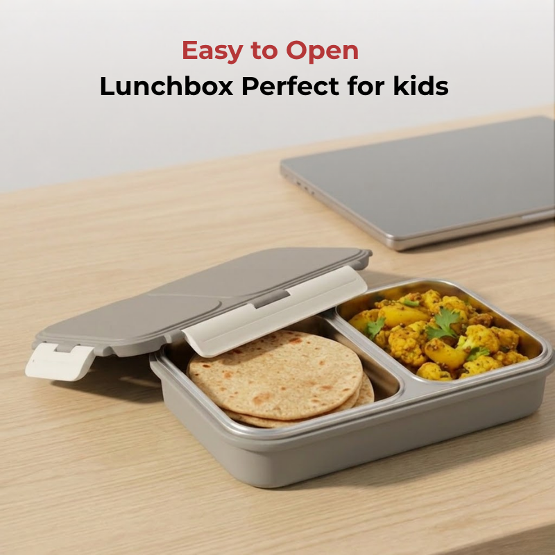 Vinod stainless steel 2 compartment lunch box in grey, silicone-sealed airtight lid, product view 10