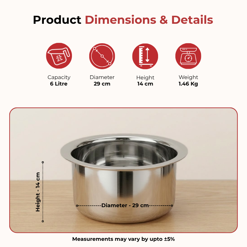 Vinod stainless steel induction friendly flat bottom tope without lid, 6 litre, No. 18, product view 8