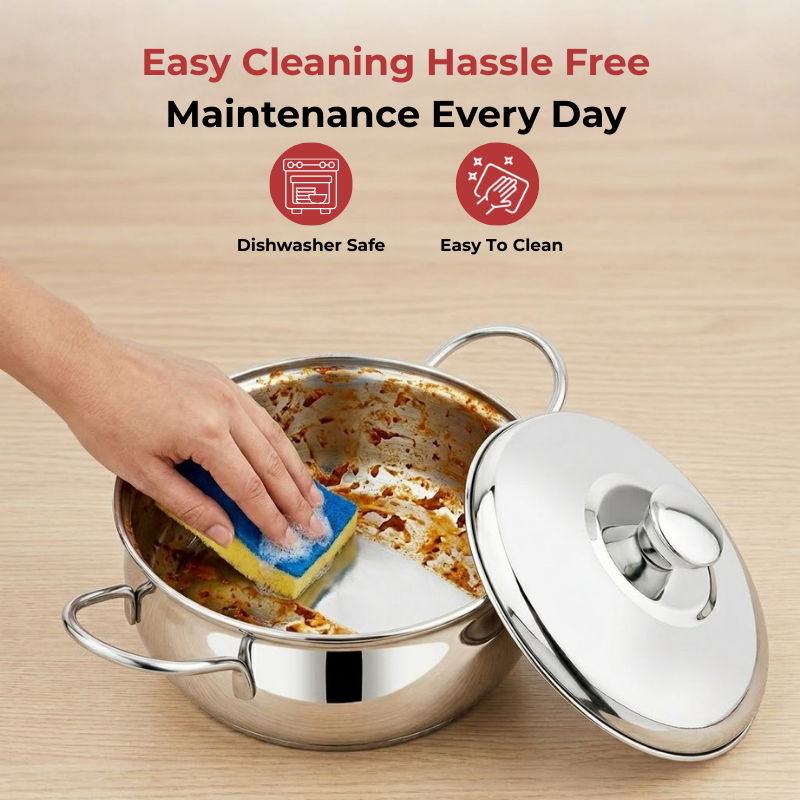 Vinod Stainless Steel Milano Plain Serving Casserole With Steel Lid & Side Handle - Set of 2 Pcs - 1230 ml & 1630 ml - 16 cm & 18 cm