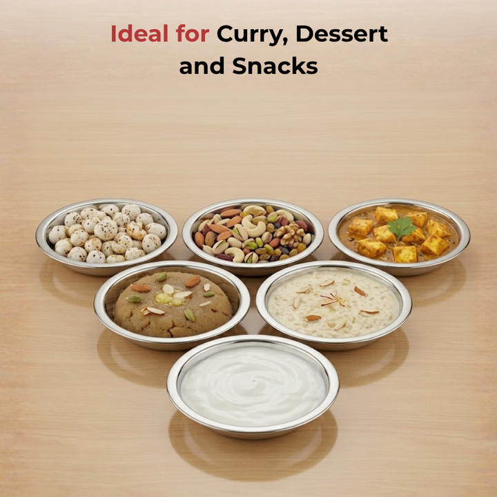 VINOD Stainless Steel Halwa / Dessert Plate Set of 6 Pieces - 11.2 cm, High Grade Stainless Steel, Dishwasher Safe, Rust Free