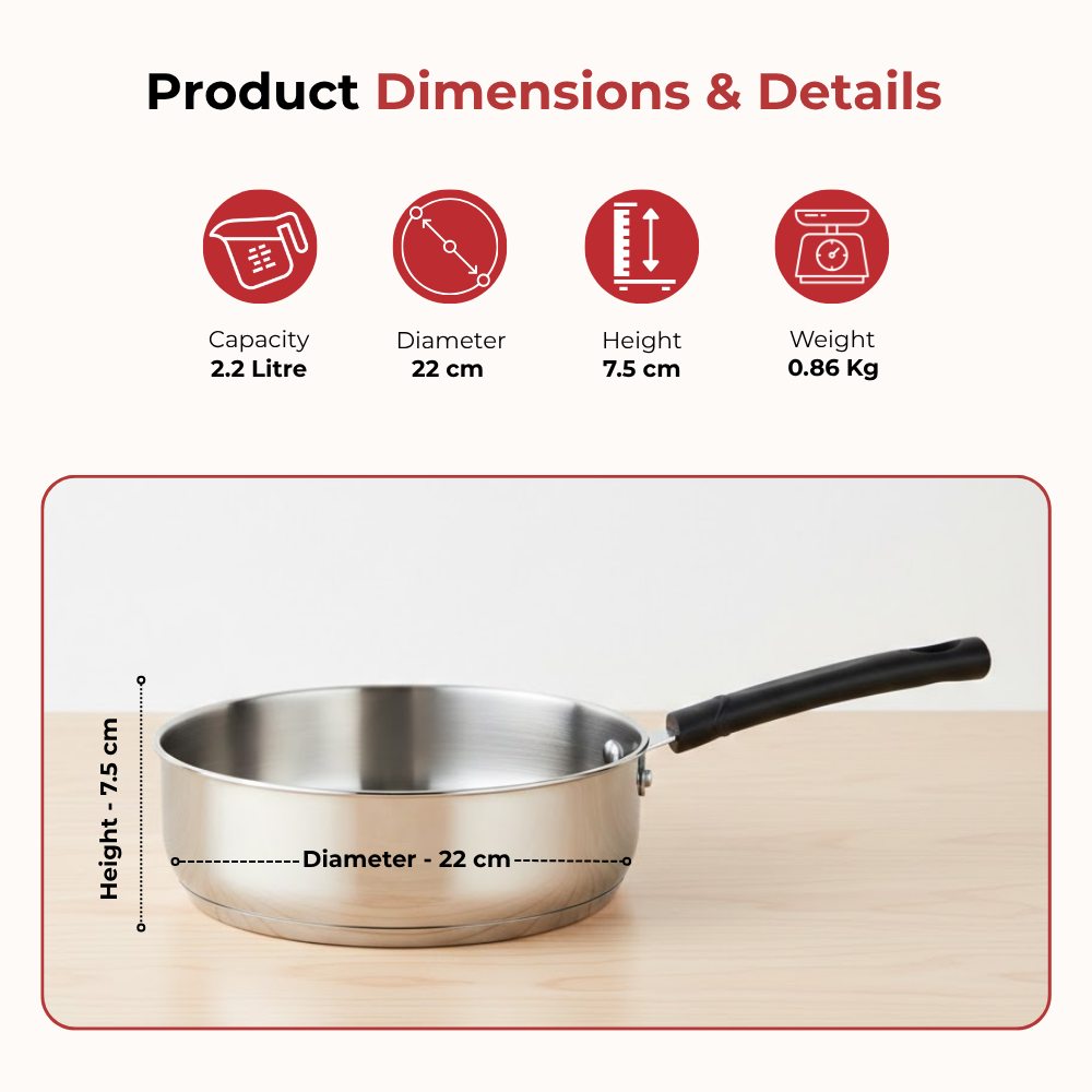 VINOD – DONIV Stainless Steel Sandwich Bottom Solitaire Fry Pan, 22 cms – Induction Friendly. Capacity 2.2 Liter