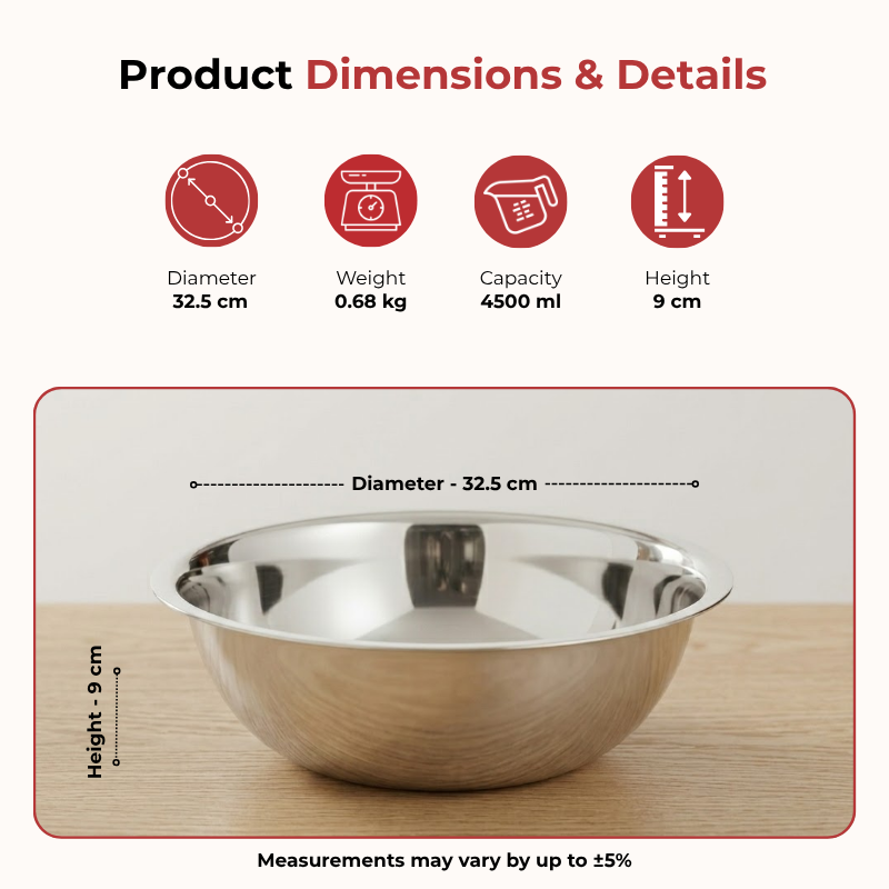 Vinod stainless steel basin mixing bowl, 4.5 litre, 32.50 cm diameter, product view 8