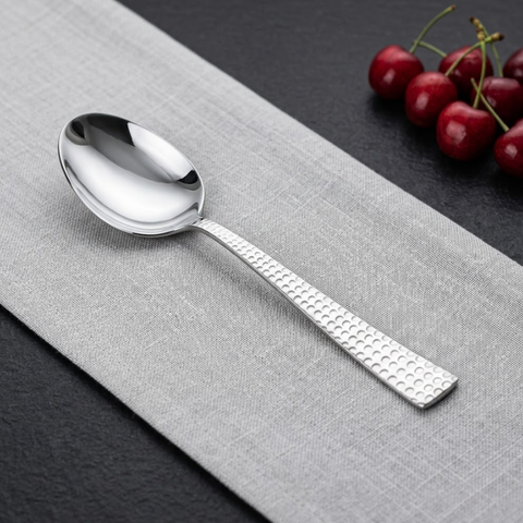 Vinod Aero hammered stainless steel baby spoon set of 12, mirror polish, front view