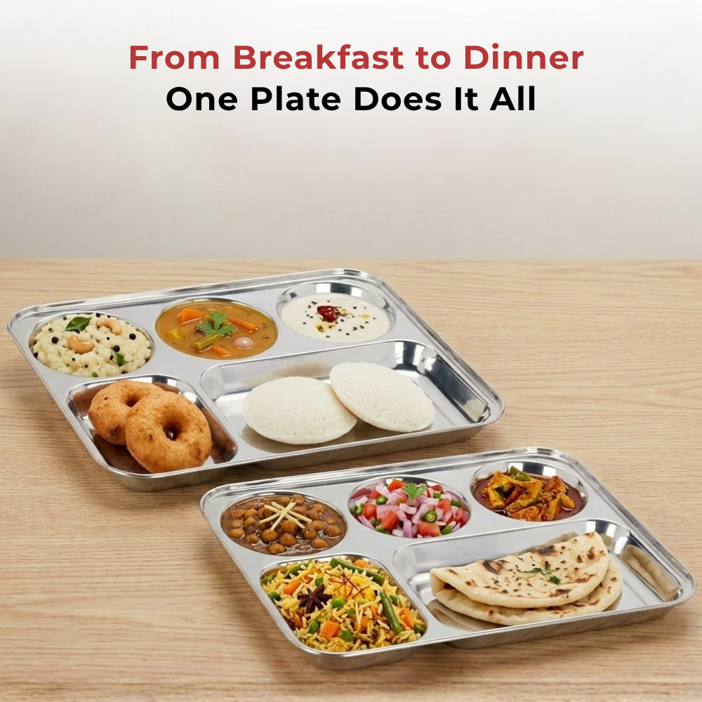 Vinod stainless steel 5 compartment plate with round edges, rust free [pack of 2], product view 10